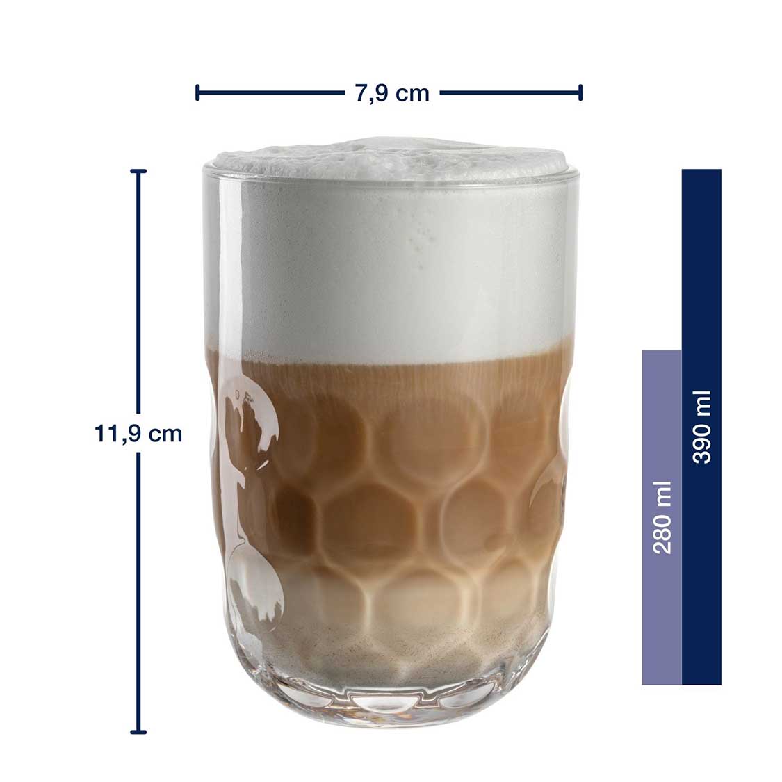 Massangaben zu Latte Macchiato Glas GOCCE 380ml mit gefülltem Getränk