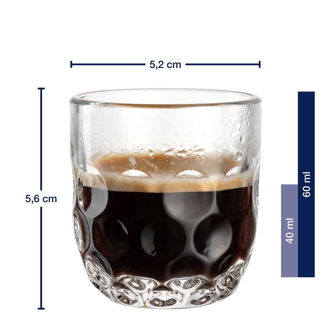 Massangaben zum Espressoset GOCCE 6-teilig mit gefülltem Glas und Inhaltsskala