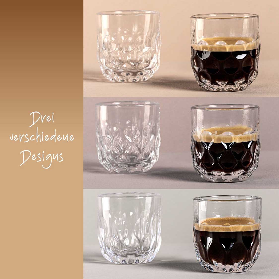 Espressoset GOCCE 6-teilig in drei verschiedenen Designs, leere und gefüllte Gläser