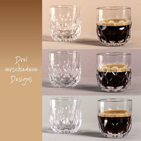 Espressoset GOCCE 6-teilig in drei verschiedenen Designs, leere und gefüllte Gläser