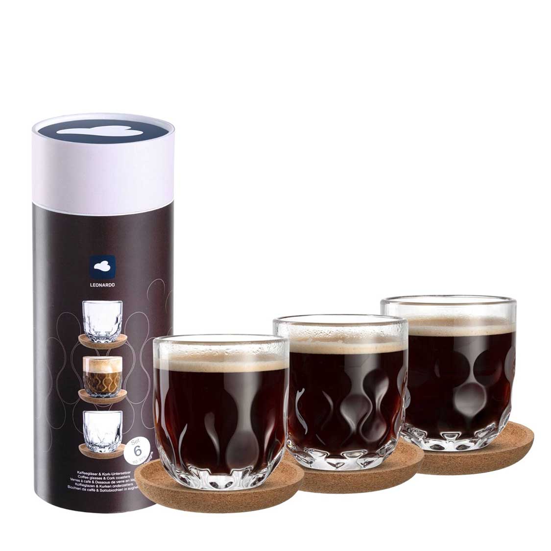 Kaffeeset GOCCE mit Behälter, drei Gläsern und Korkuntersetzern, gefüllt mit Kaffee
