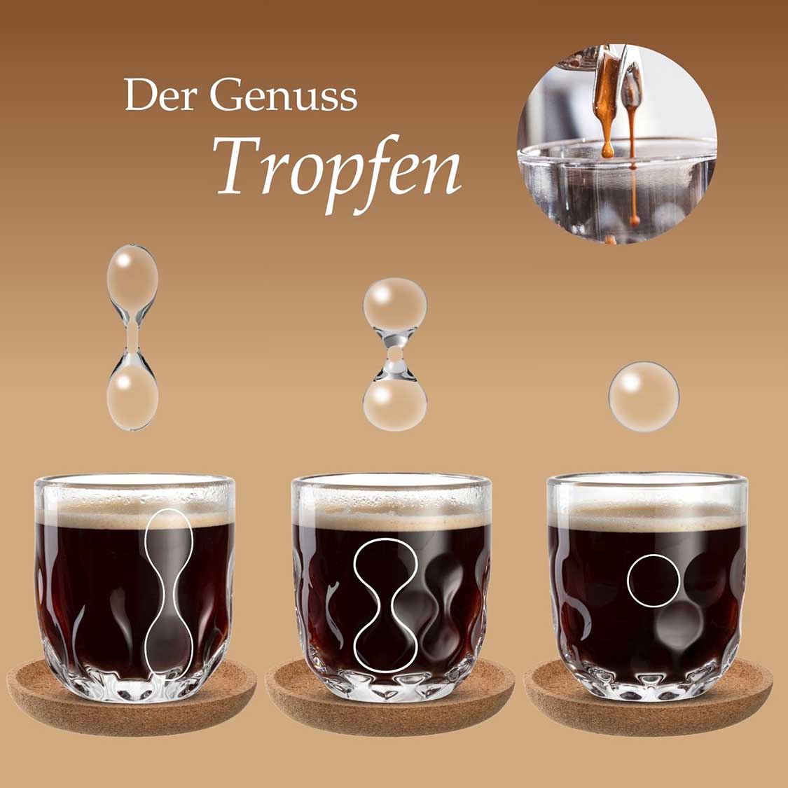 Kaffeeset GOCCE mit Tropfenform, Gläser mit Korkuntersetzern und Glastropfen-Rührstäbchen