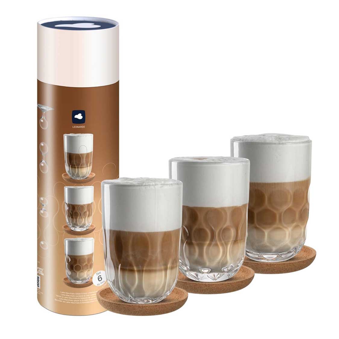Latte Macchiato Set GOCCE mit Glaeser, Korkuntersaetzen und Verpackung