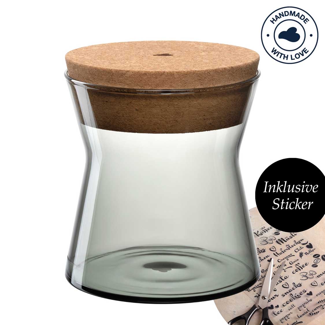 Dose FORMA X mit Korkdeckel, Glasbecher, inklusive Sticker