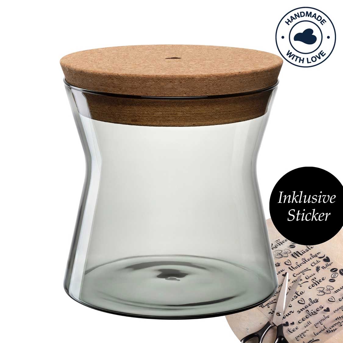 Dose FORMA X mit Korkdeckel, Glasbehaeltnis, inklusive Sticker