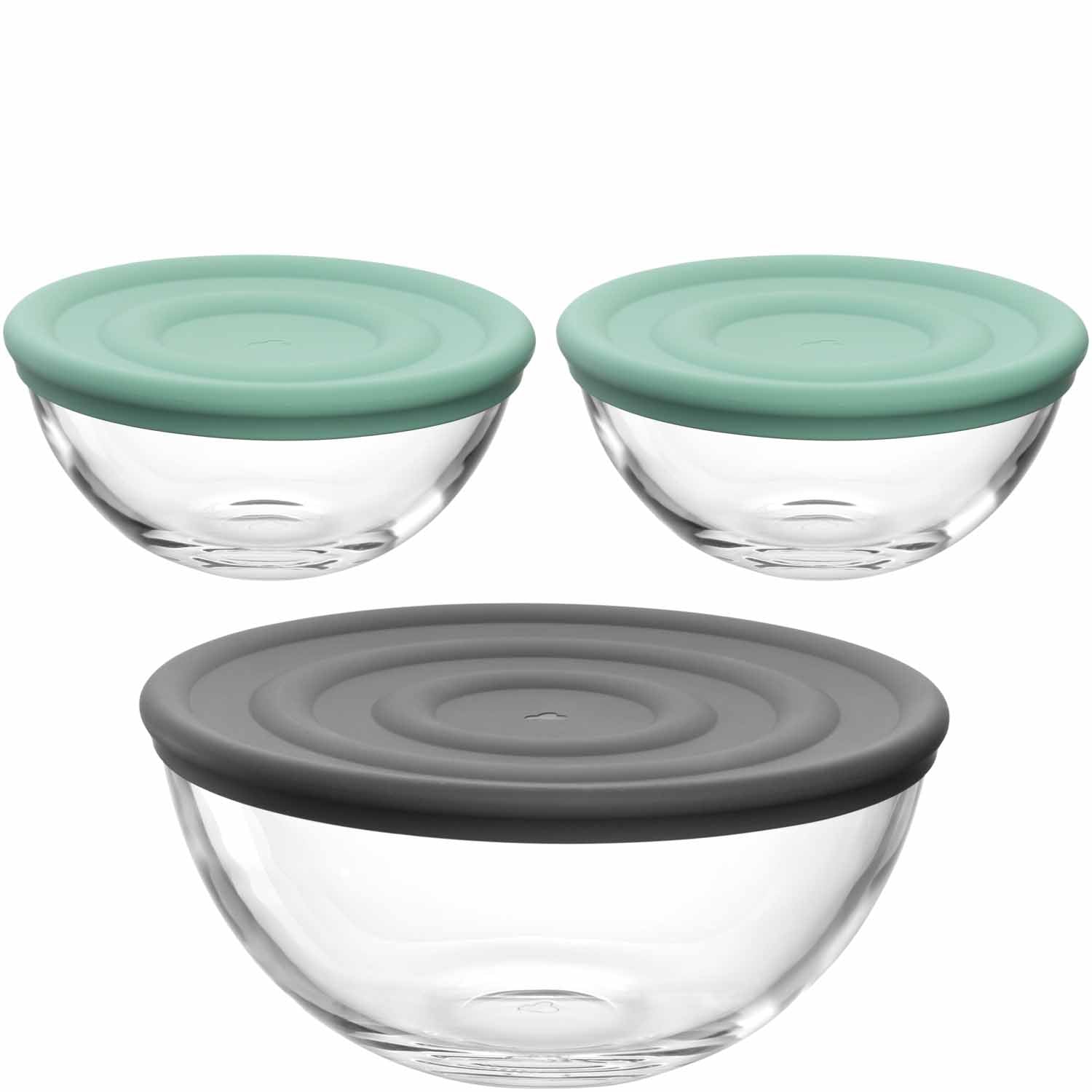 Schalenset CUCINA mit zwei mintgrünen und einer grauen Glasschale mit Silikon-Deckel