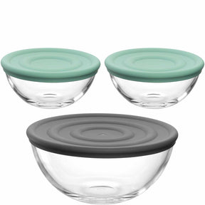 Schalenset CUCINA mit zwei mintgrünen und einer grauen Glasschale mit Silikon-Deckel