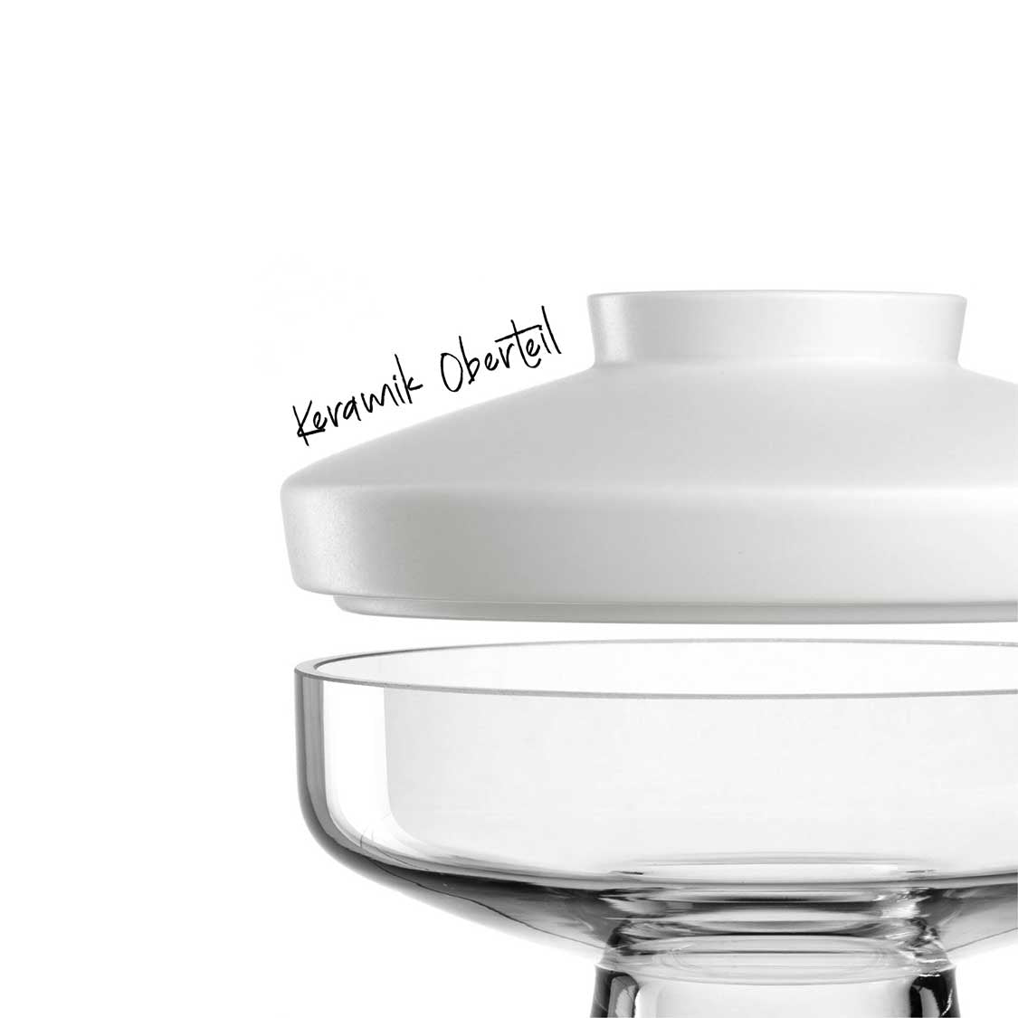 Vase RIVA mit weißem Keramikaufsatz und Glasbehälter, Detailansicht