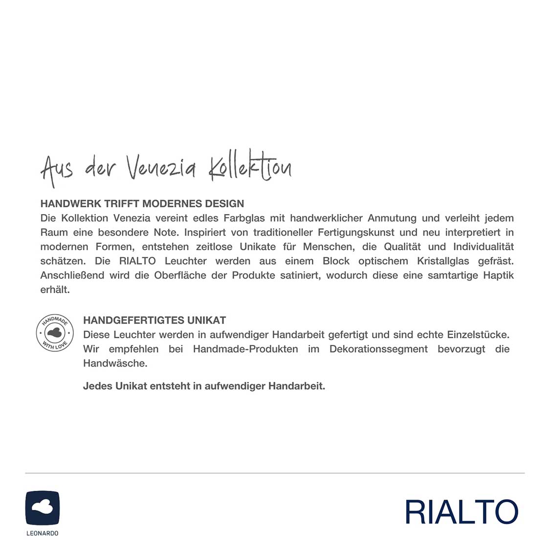 Leuchter RIALTO satiniert mit Produktinformationen und Handwerkssiegel