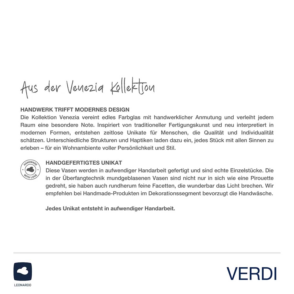 Produktinformationen zur weißen Vase VERDI mit Herkunftsangabe und Handwerk-Zertifikat