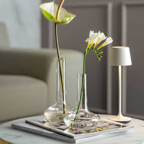 Solifleuvase ARIA mit Blumen auf Tablett in Wohnzimmerambiente