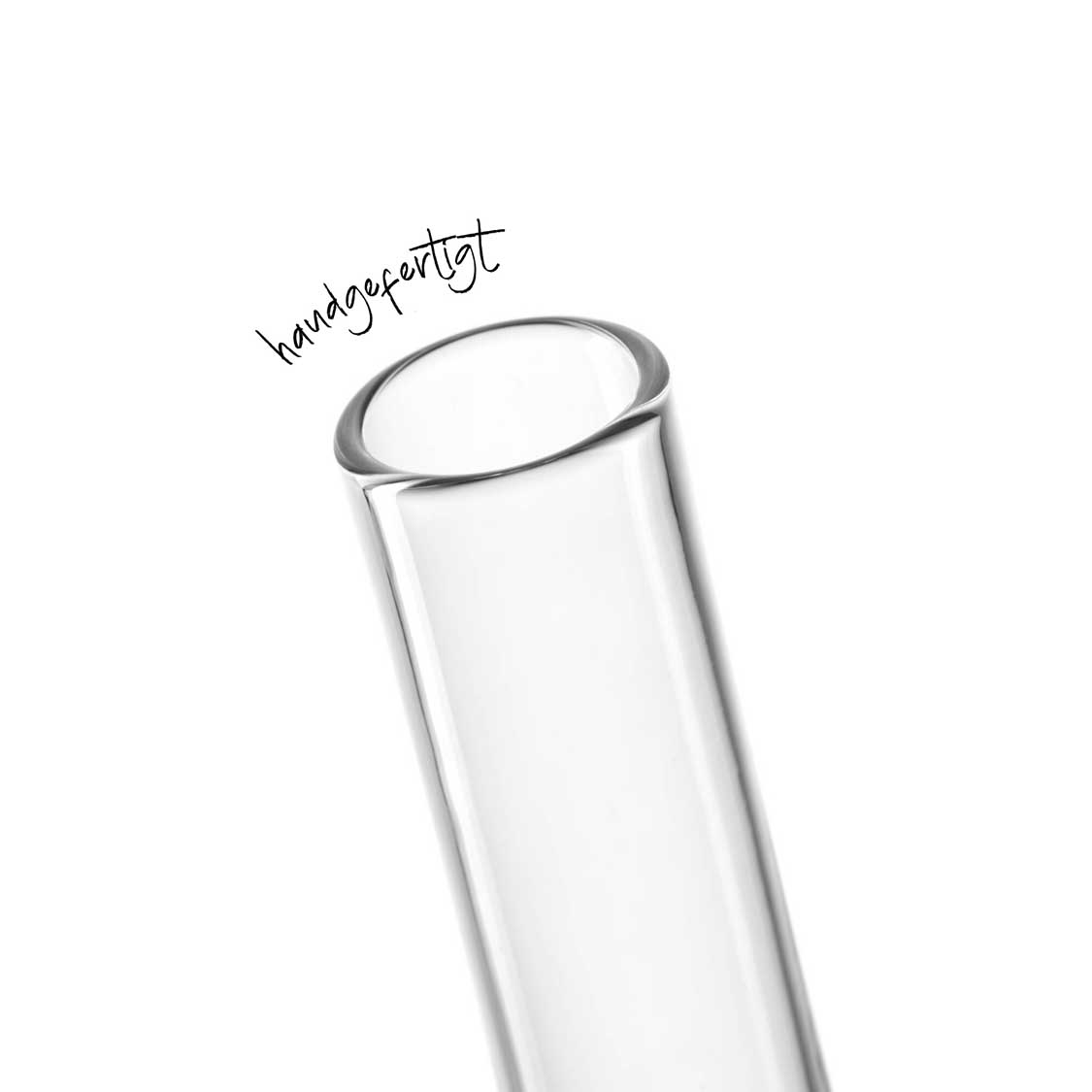 Solifleurvase ARIA aus klarem Glas, schräge Perspektive mit Handschriftzug