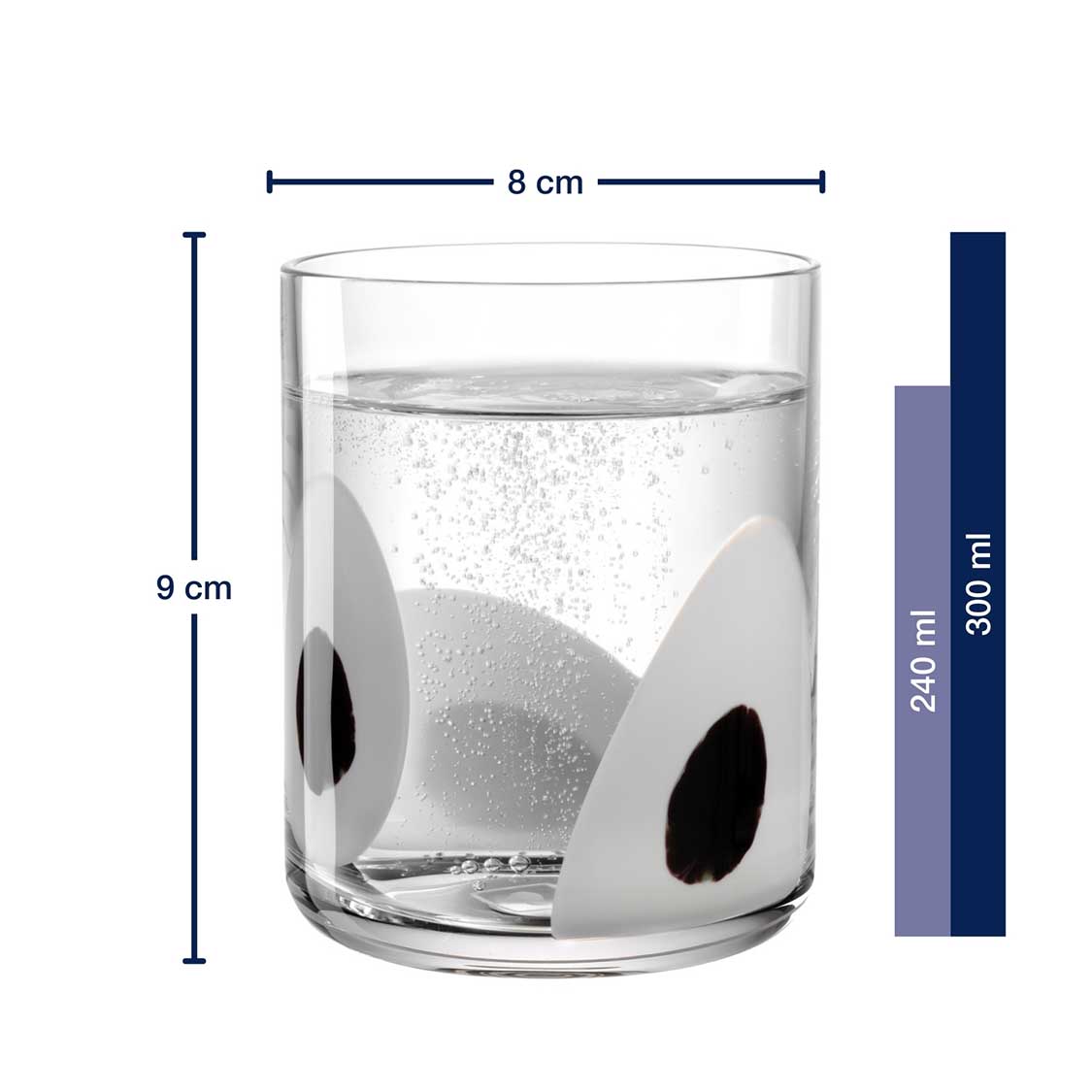 Trinkglas BANDA NERA 300ml mit schwarzen Kreisen, Massangaben und Volumenvergleich