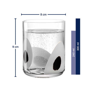 Trinkglas BANDA NERA 300ml mit schwarzen Kreisen, Massangaben und Volumenvergleich