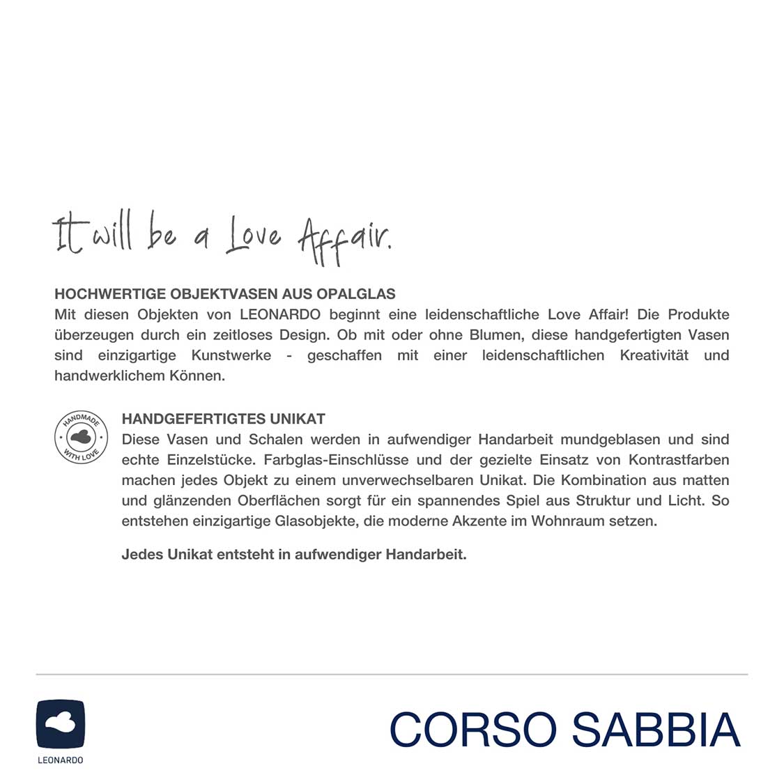 Vase CORSO SABBIA, Produktinformation und Verpackung mit Handarbeit-Siegel