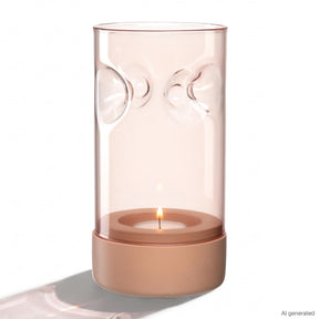 Tischlicht auf Sockel SOLE mit brennender Kerze, apricotfarbener Betonbasis, klares Glaszylinder mit Mondmotiven