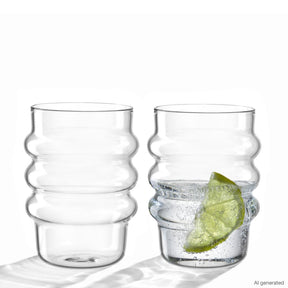 Zwei klare Trinkgläser SOLE, eines leer, eines mit Wasser und Limettenscheibe gefüllt