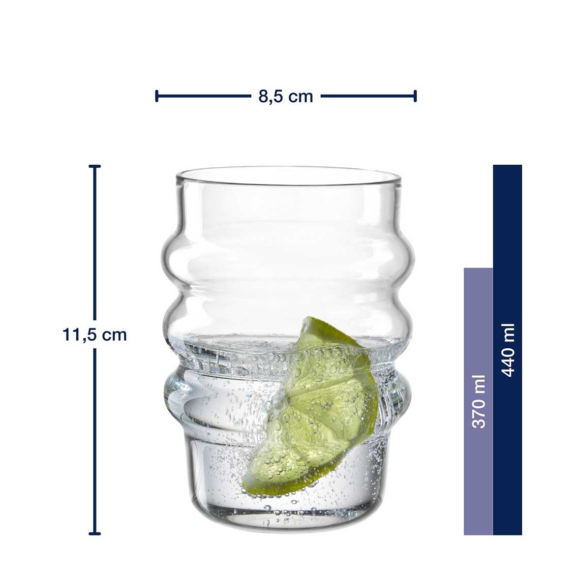 Trinkglas SOLE mit Wasser und Limettenscheibe, Massangaben