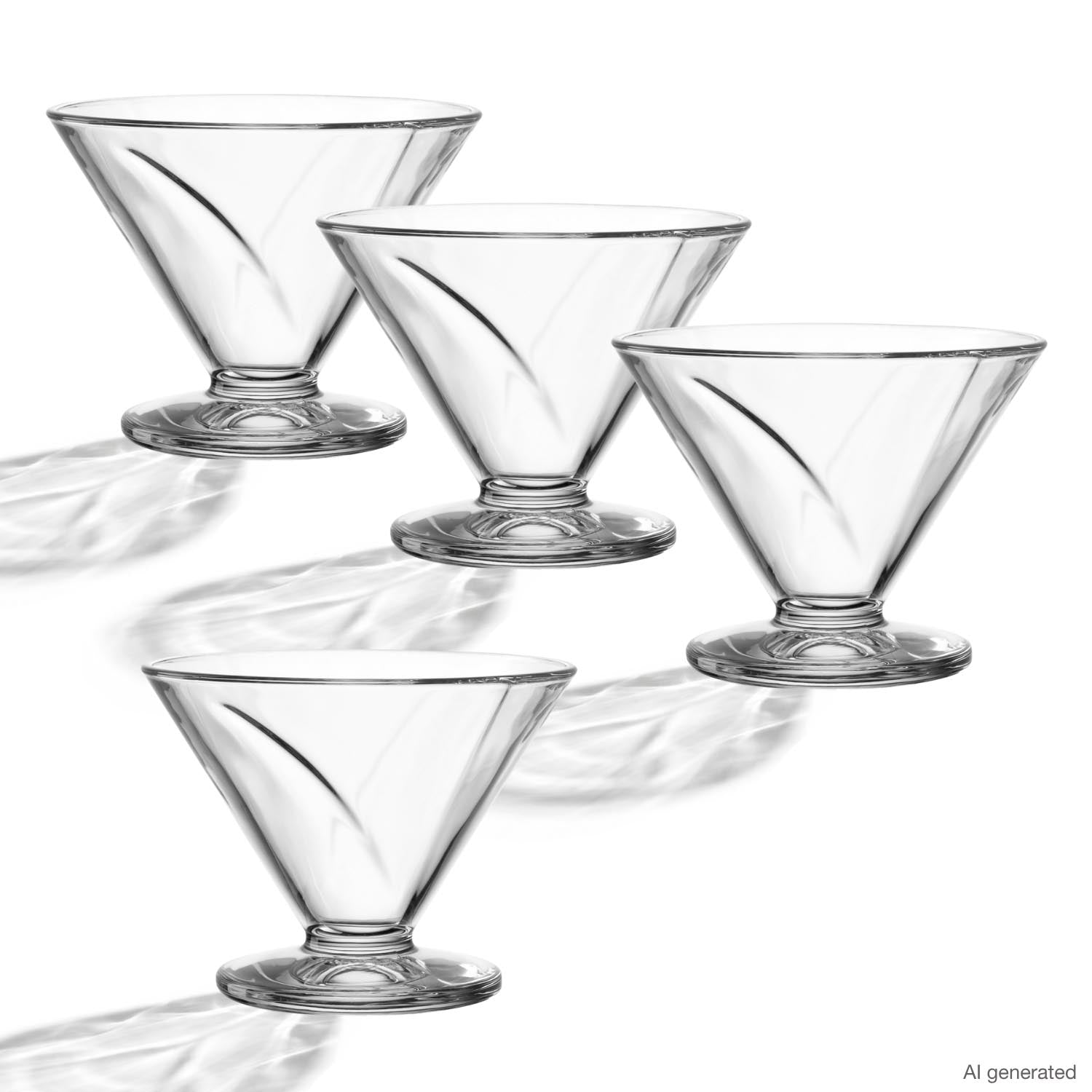 Vier klare Glas-Eisschalen CONO 270 ml im 4er-Set, gestaffelt angeordnet mit Schatten