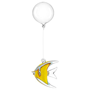 Gelber Glaskugelfisch an transparentem Ballon hängend