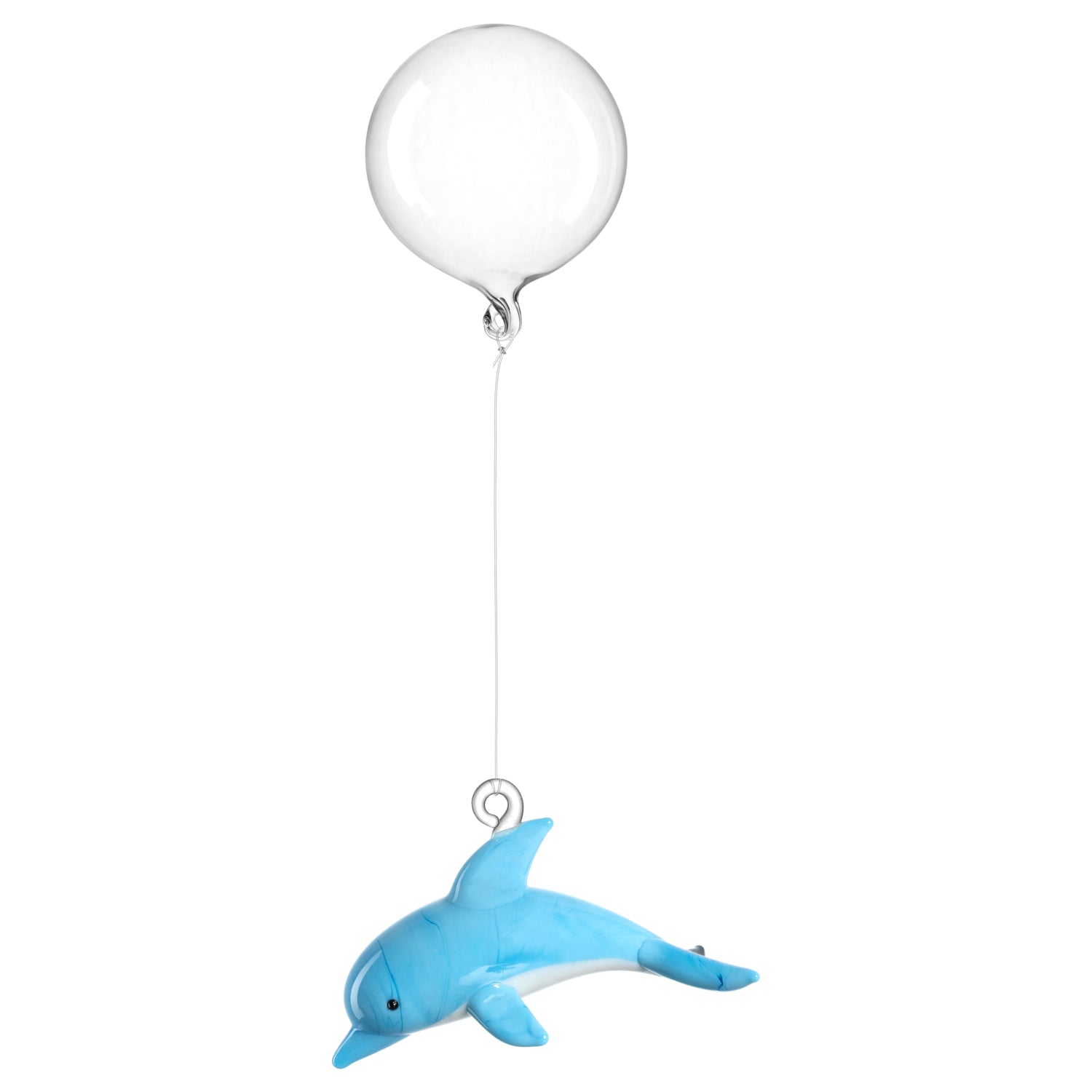 Blauer Glaspinguin an transparentem Ballon aufgehängt
