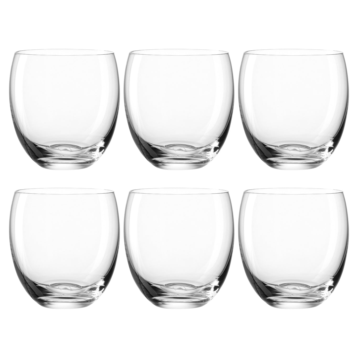 Sechs klare Trinkgläser CHEERS 400 ml in zwei Reihen angeordnet