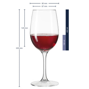 Rotweinglas CIAO+ mit Rotwein gefüllt, Massangaben und Dimensionen