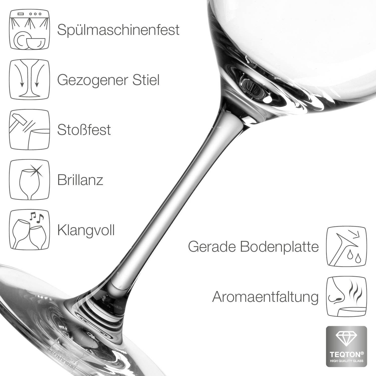 Rotweinglas CIAO+ mit Produkteigenschaften und Symbolen