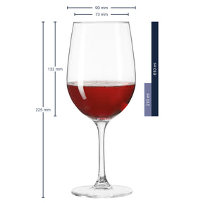 Massangaben zum Rotweinglas CIAO+ 610ml mit Rotwein gefüllt
