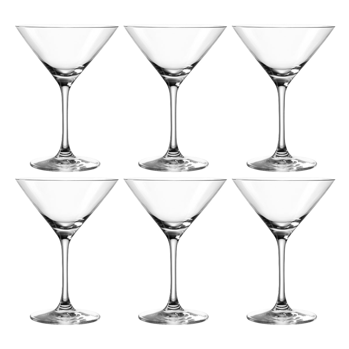 Sechs leere Cocktailgläser CIAO+ aus klarem Glas, angeordnet in zwei Reihen