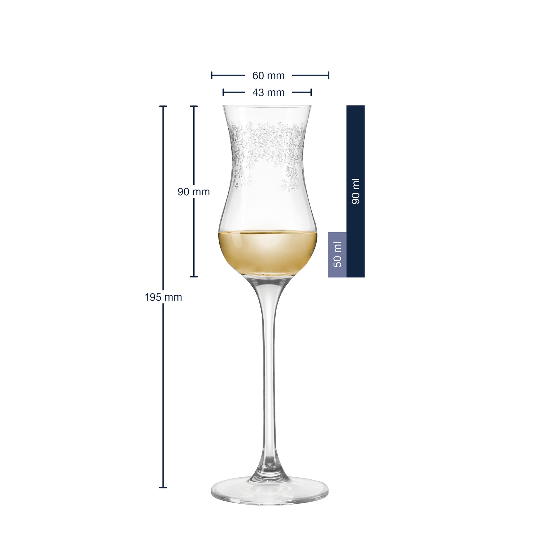 Massangaben zu Grappaglas CHATEAU 90 ml, mit Weißwein gefüllt