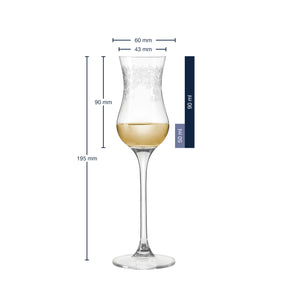 Massangaben zu Grappaglas CHATEAU 90 ml, mit Weißwein gefüllt
