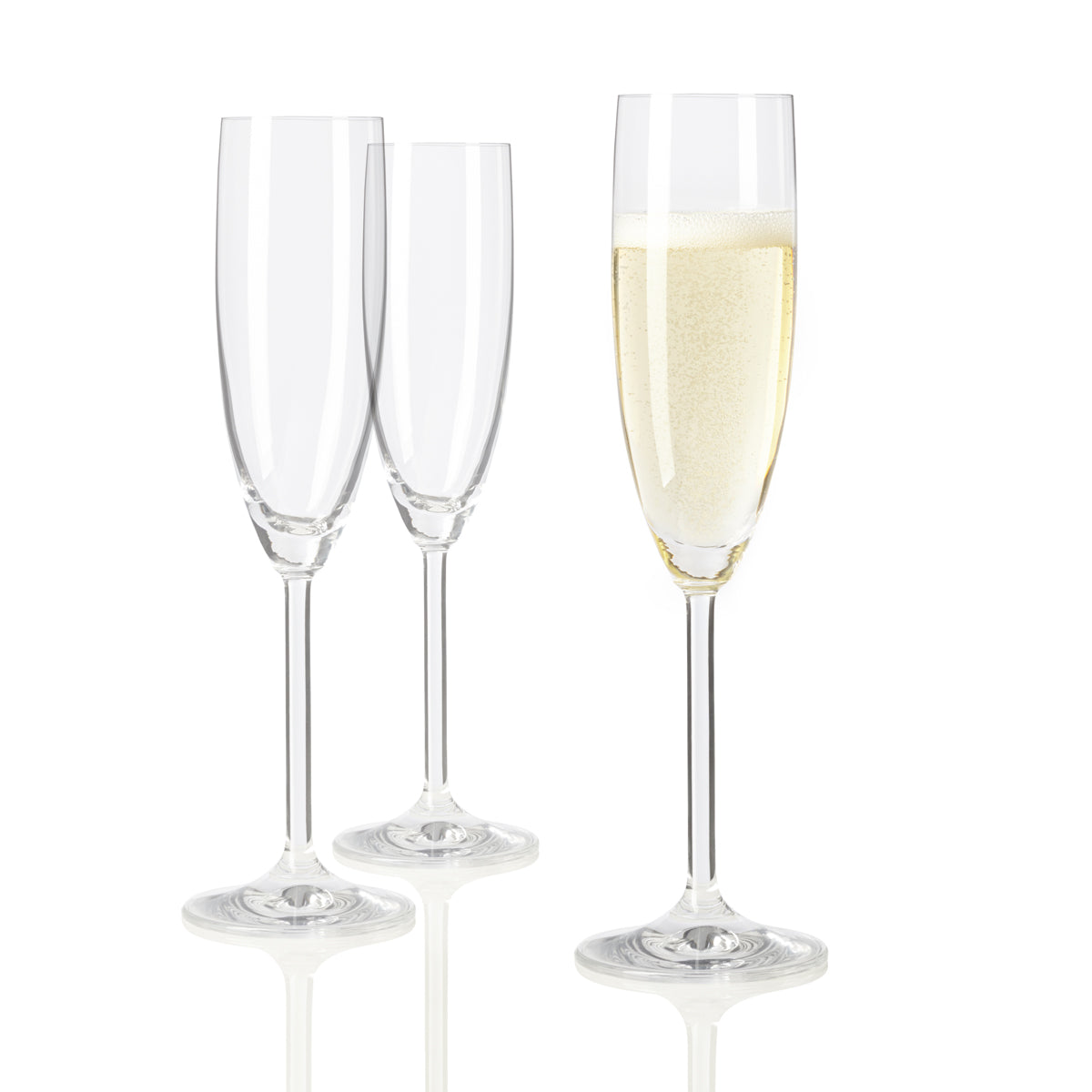 Sektglas DAILY, zwei leere und ein gefülltes mit Champagner