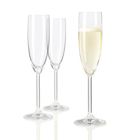 Sektglas DAILY, zwei leere und ein gefülltes mit Champagner