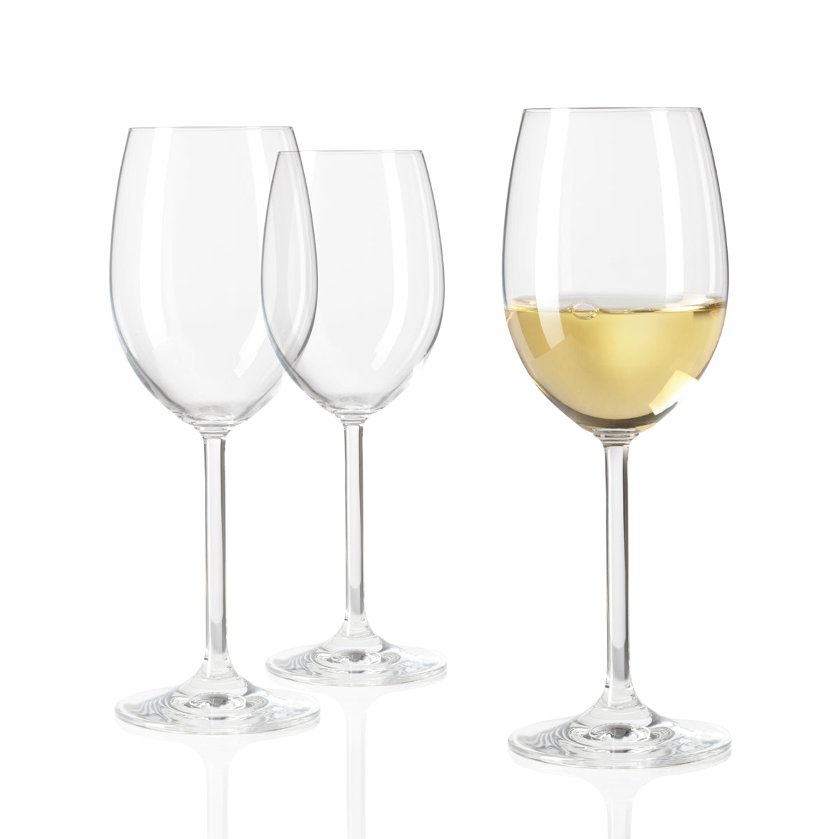 Weißweinglas DAILY 370 ml, zwei leere und ein gefülltes Glas