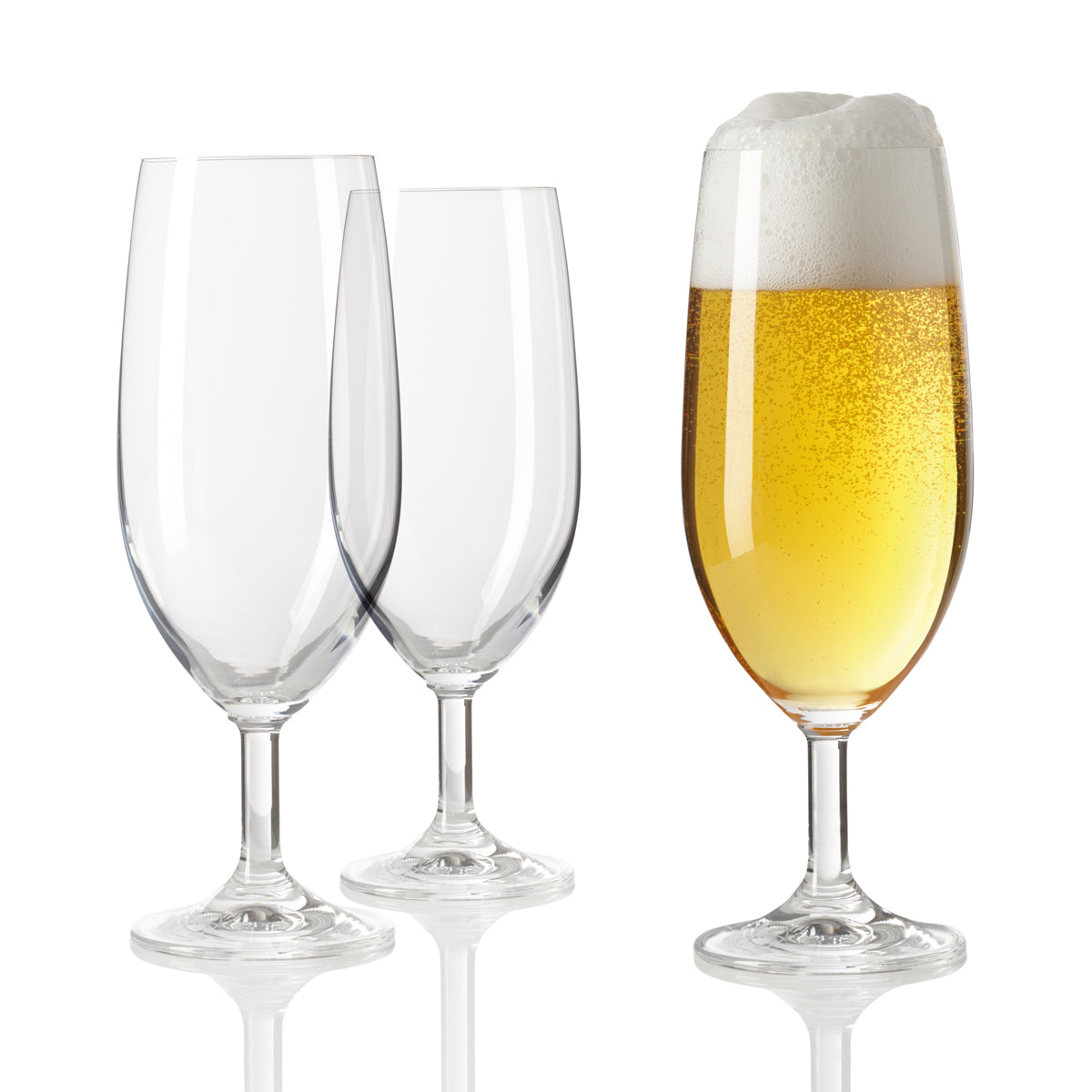 Bierglas DAILY 360 ml 6er-Set, drei Gläser, zwei leer, eines mit Bier gefüllt