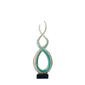 Glasskulptur SCULPTURE 39 cm türkis mit verschlungenen Formen auf schwarzem Sockel