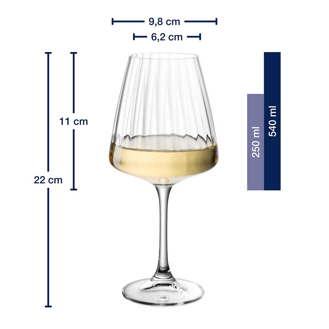 Weißweinglas PAOLO 540 ml mit Massangaben und Füllmenge