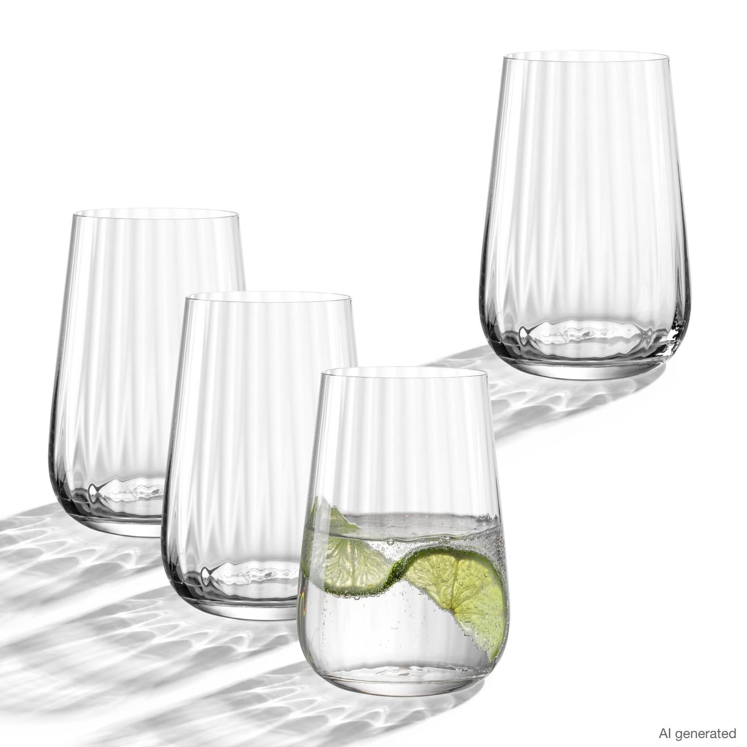 Trinkglas PAOLO 350 ml 4er-Set in klarem Glas, teilweise mit Limettenscheiben und Wasser gefüllt