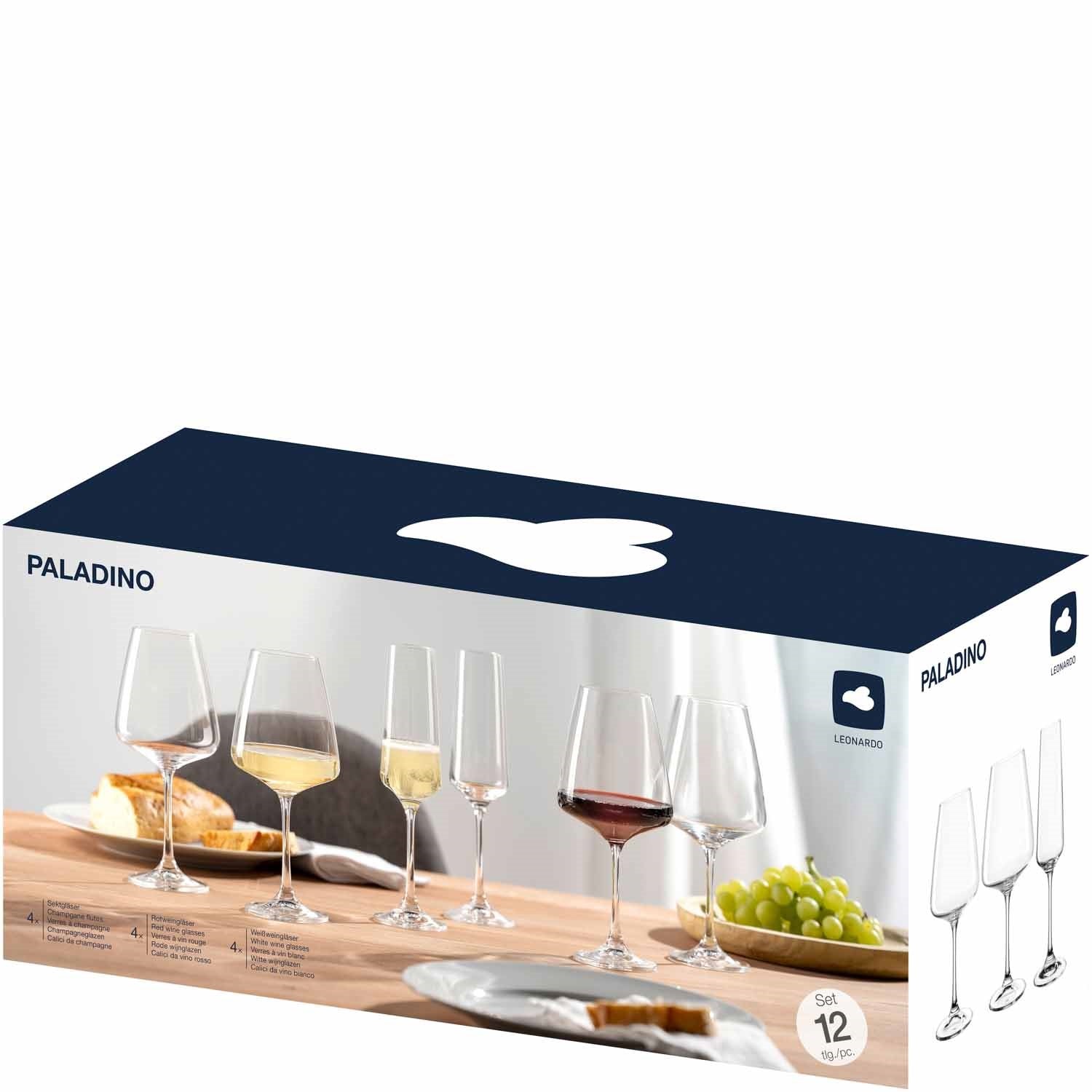 Kelchglasset PALADINO 12-teilig mit verschiedenen Glasformen auf gedecktem Tisch, Produktverpackung