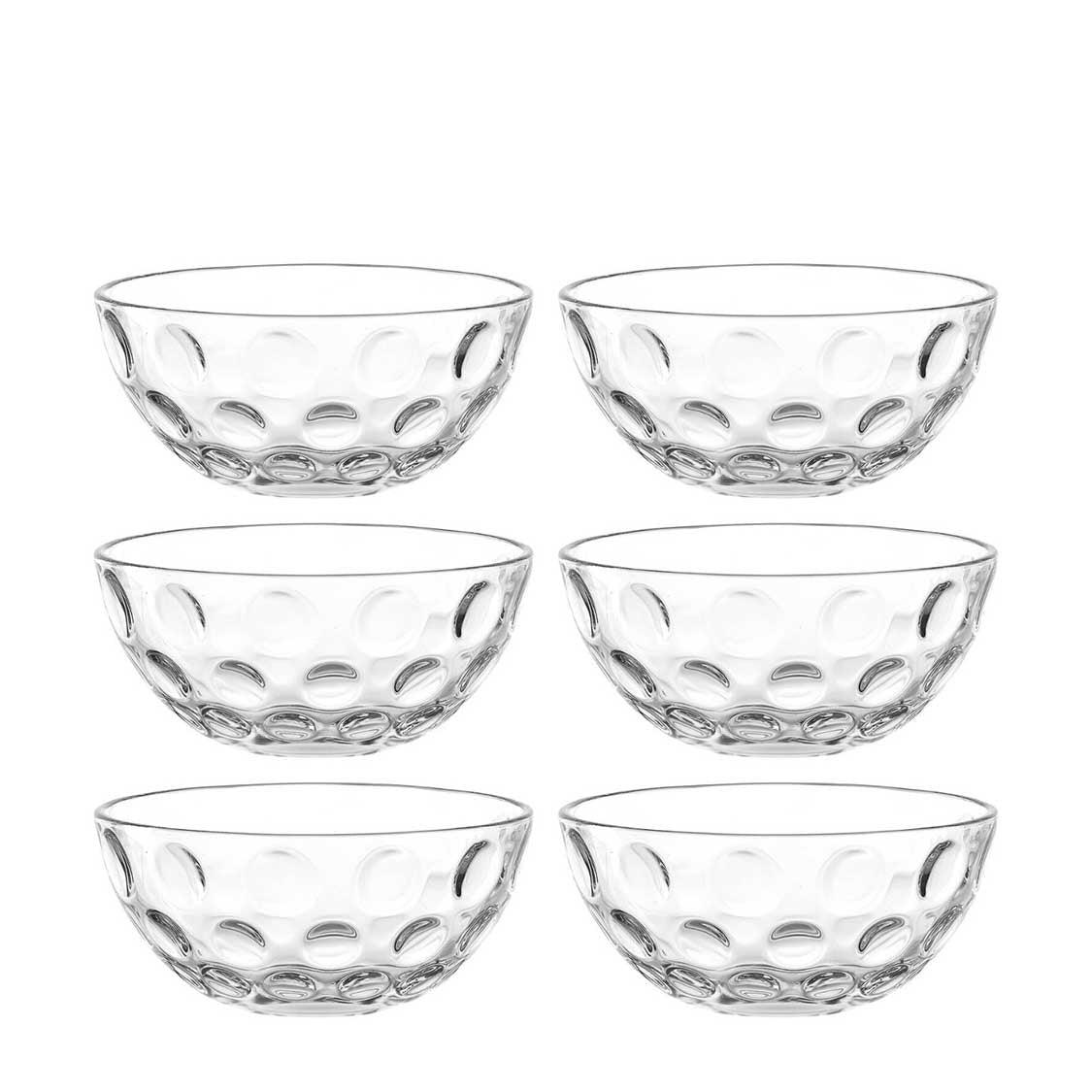 Sechs klare Glassschalen mit strukturiertem Boden im 6er-Set arrangiert