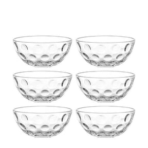 Sechs klare Glassschalen mit strukturiertem Boden im 6er-Set arrangiert