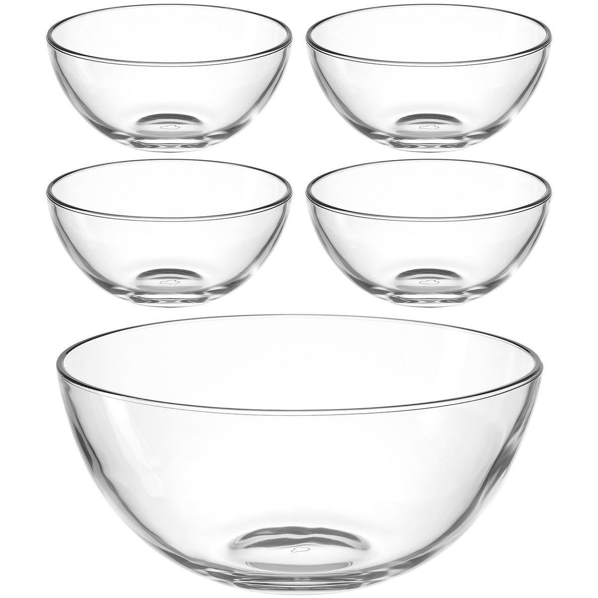 Schalenset S CUCINA 5-teilig, vier kleine und eine große Glasschale, Weiß-Grau-Hintergrund
