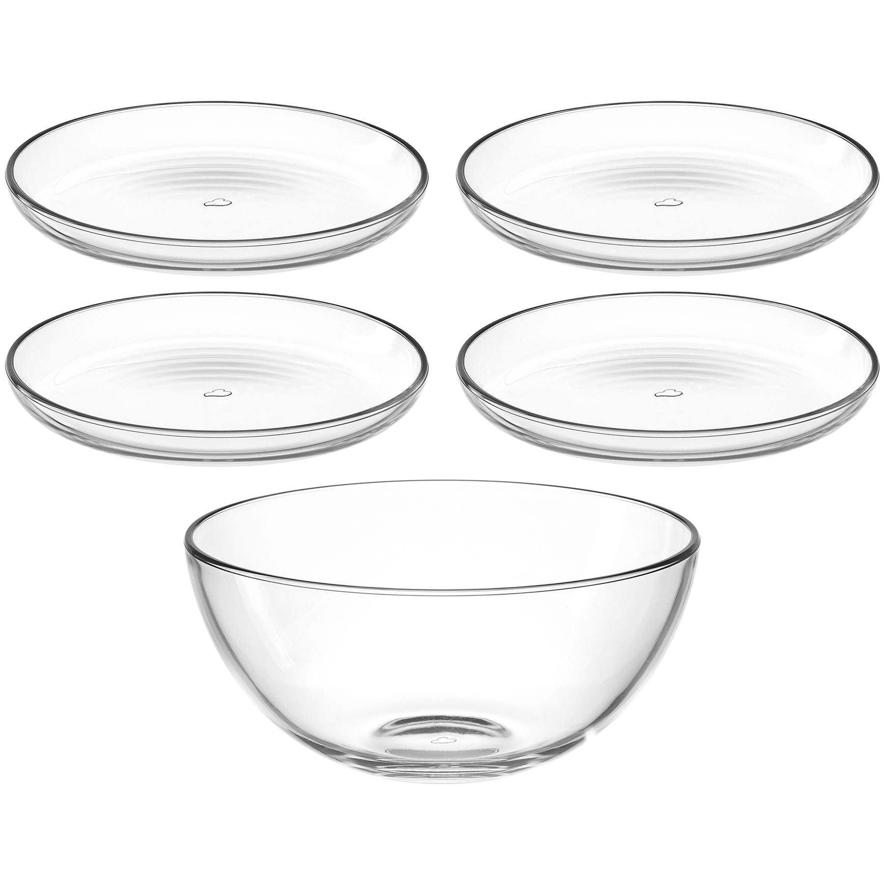 Set CUCINA mit vier Tellern und einer Schale aus klarem Glas