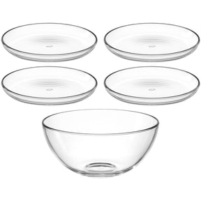 Set CUCINA mit vier Tellern und einer Schale aus klarem Glas