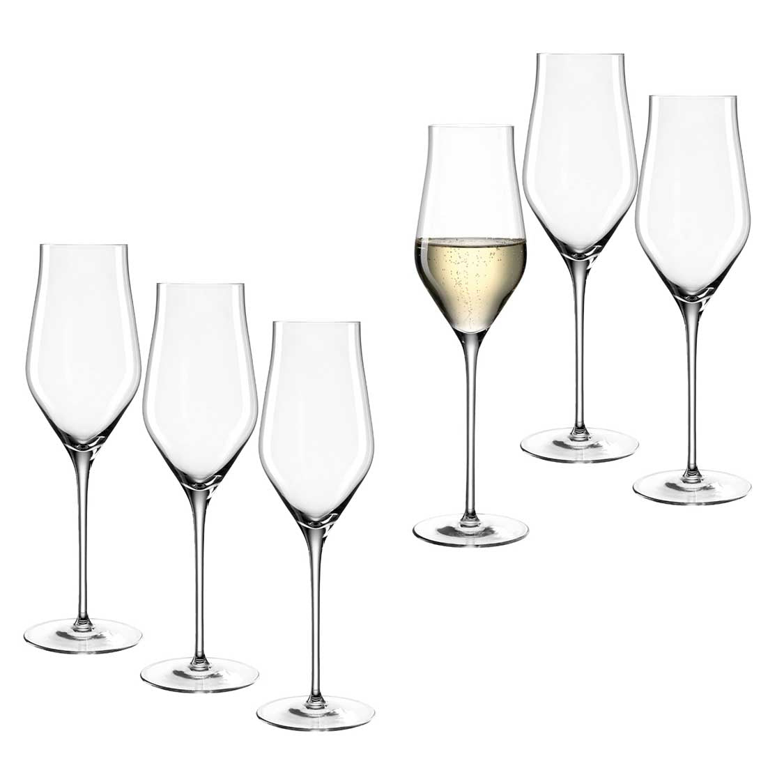 Champagnerglas BRUNELLI 340 ml 6er-Set, drei leere und drei gefüllte Gläser