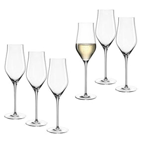 Champagnerglas BRUNELLI 340 ml 6er-Set, drei leere und drei gefüllte Gläser