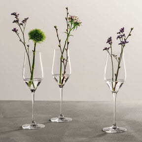 Drei Champagnergläser BRUNELLI mit Wildblumen gefüllt auf grauem Untergrund