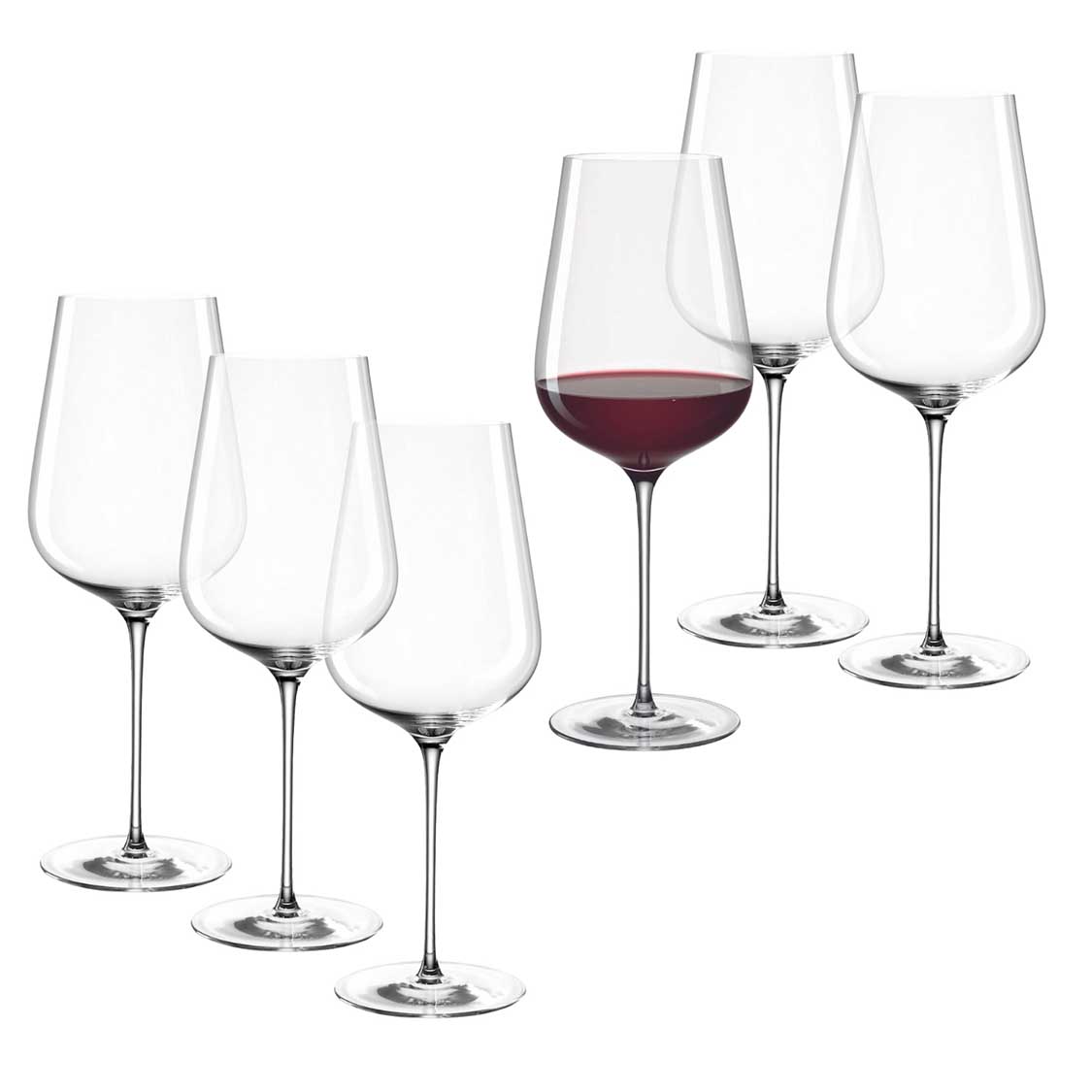 Rotweinglas BRUNELLI 740 ml 6er-Set, teilweise mit Rotwein gefüllt, vor weißem Hintergrund
