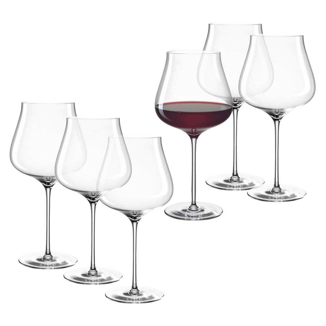 Sechs Burgundergläser BRUNELLI, eines gefüllt mit Rotwein, fünf leer